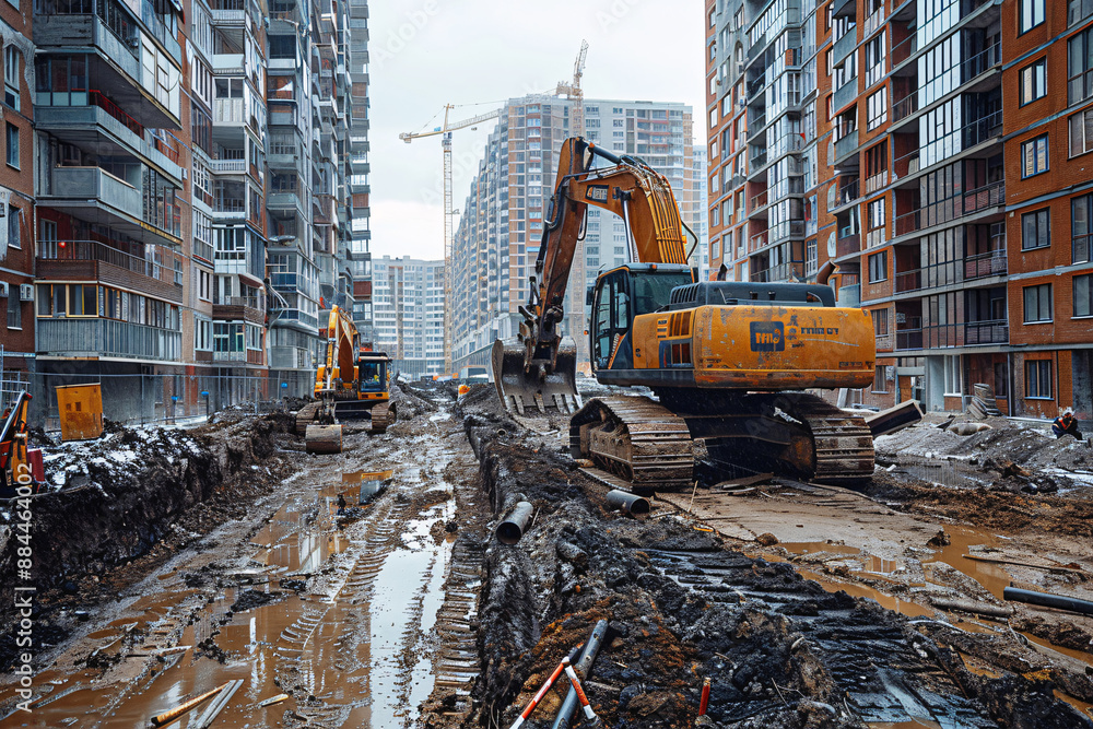 Large excavators work on a muddy construction site surrounded by tall residential buildings, laying the foundation for a new urban development Large excavators work on a muddy construction site surrounded by tall residential buildings, laying the foundation for a new urban development