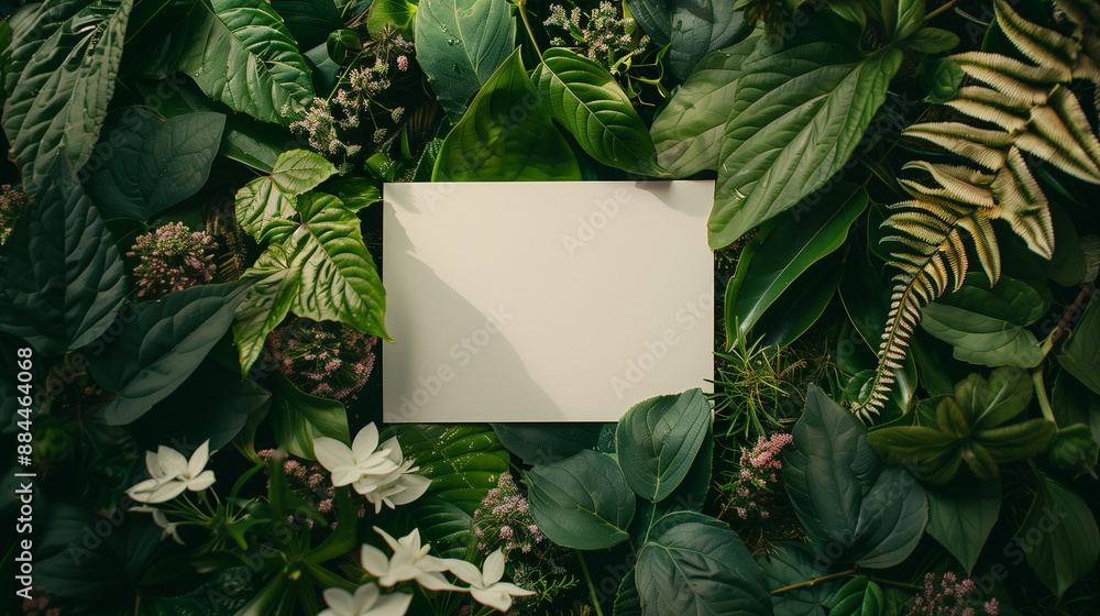 Elegant blank paper surrounded by lush green leaves and white flowers, perfect for nature-themed presentations. Elegant blank paper surrounded by lush green leaves and white flowers, perfect for nature-themed presentations.