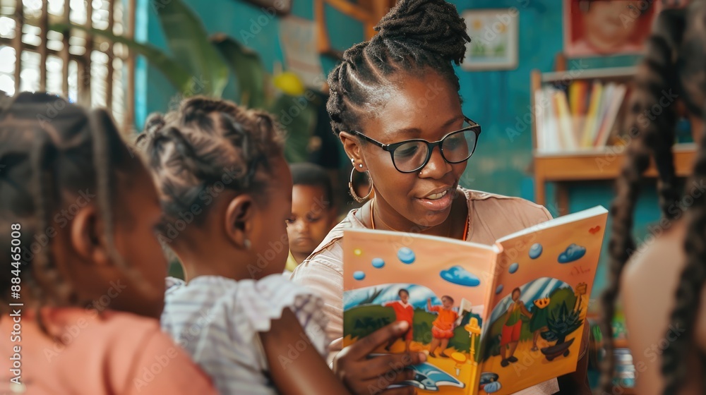 A teacher reading a story to young children in a classroom