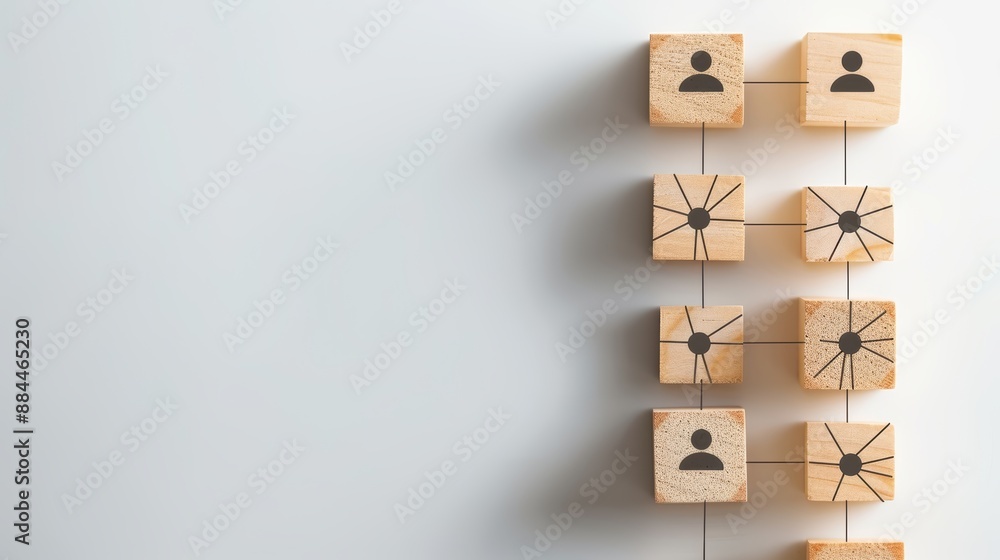 Wooden blocks with a network graph on a white background, depicting connectivity and business networking strategy Wooden blocks with a network graph on a white background, depicting connectivity and business networking strategy