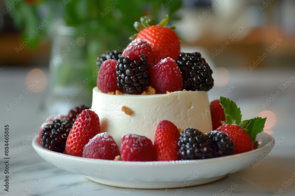 Indulge in a tempting, homemade, artisanal fresh berry cheesecake delight with strawberries, raspberries, and blackberries as a vibrant topping Indulge in a tempting, homemade, artisanal fresh berry cheesecake delight with strawberries, raspberries, and blackberries as a vibrant topping