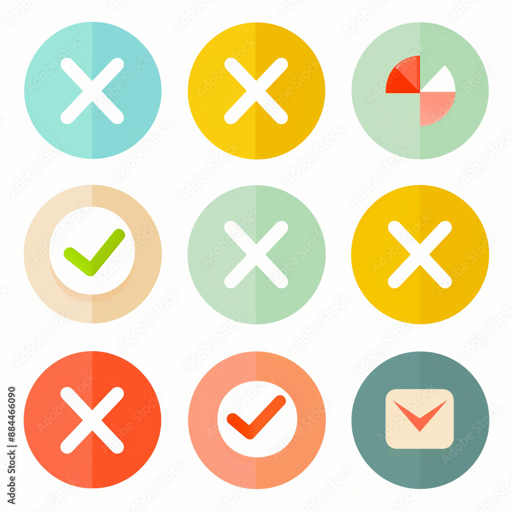 Fototapeta premium A set of nine different colored X's with a checkmark in the middle. The checkmark is green and the X's are red, yellow, and blue