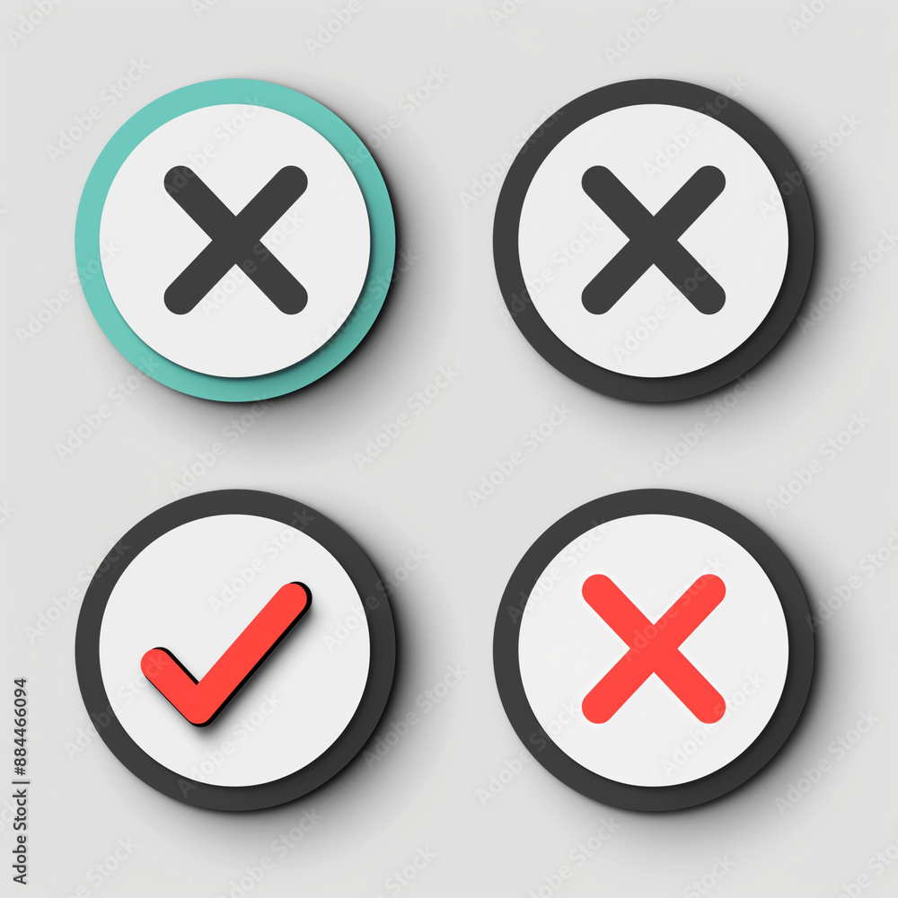 Four different colored X's are shown in a row. The X's are all different sizes and colors, but they all have the same shape. Concept of choice or decision-making Four different colored X's are shown in a row. The X's are all different sizes and colors, but they all have the same shape. Concept of choice or decision-making