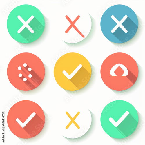 A set of nine different colored check marks, each with a different color and size. The check marks are arranged in a grid, with some overlapping and others not. Scene is one of organization