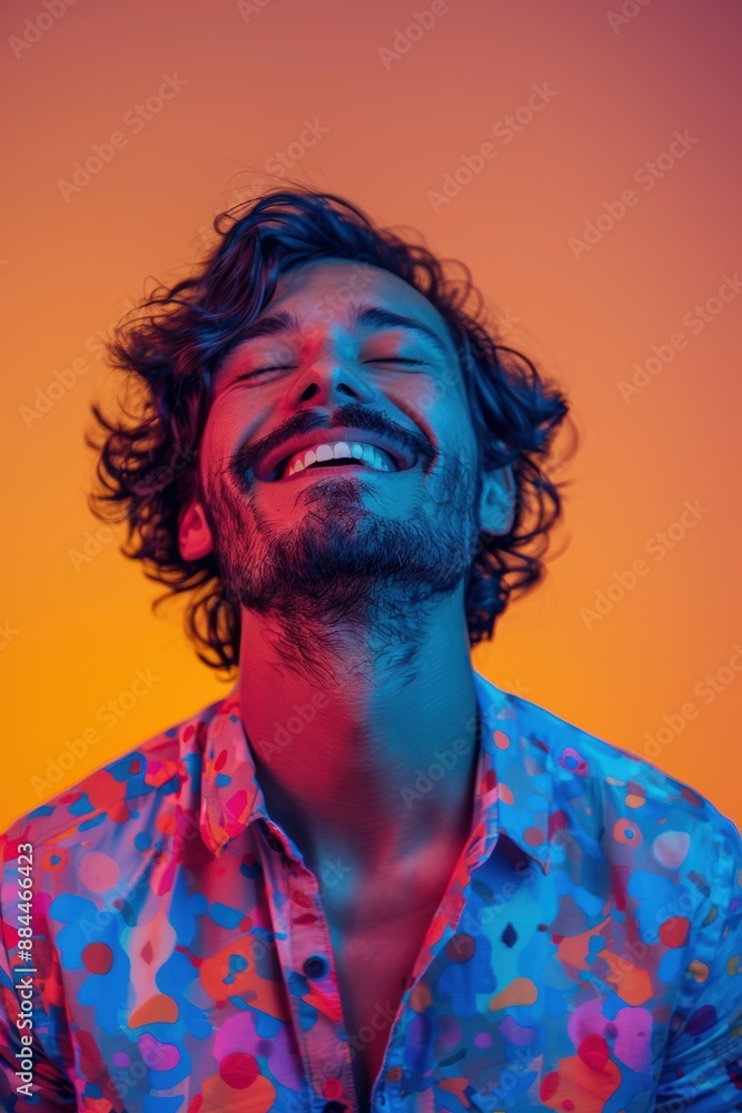 A Man's Joyful Expression Under Neon Lights A Man's Joyful Expression Under Neon Lights