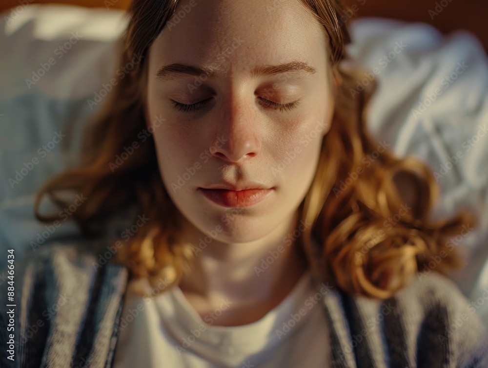 A person resting peacefully in bed with eyes shut A person resting peacefully in bed with eyes shut
