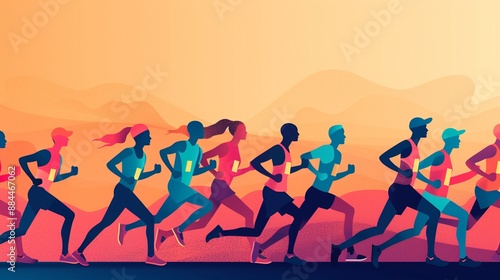 Running competition in vast fields, lively audience, flat design illustration