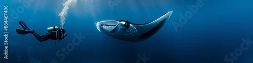 Obraz  z motywem Scuba Diver Exploring Underwater with Majestic Manta Ray in Deep Blue Ocean