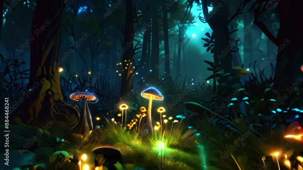 forest with bioluminescent plants, glowing mushrooms, and mythical ...