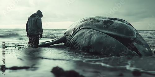 Man and Beached Whale on Shore during Overcast Day  Marine Wildlife Conservation photo