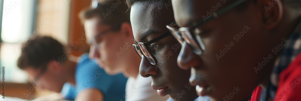 Diverse Group of Students Focused on Studying Together in a Classroom Setting Diverse Group of Students Focused on Studying Together in a Classroom Setting