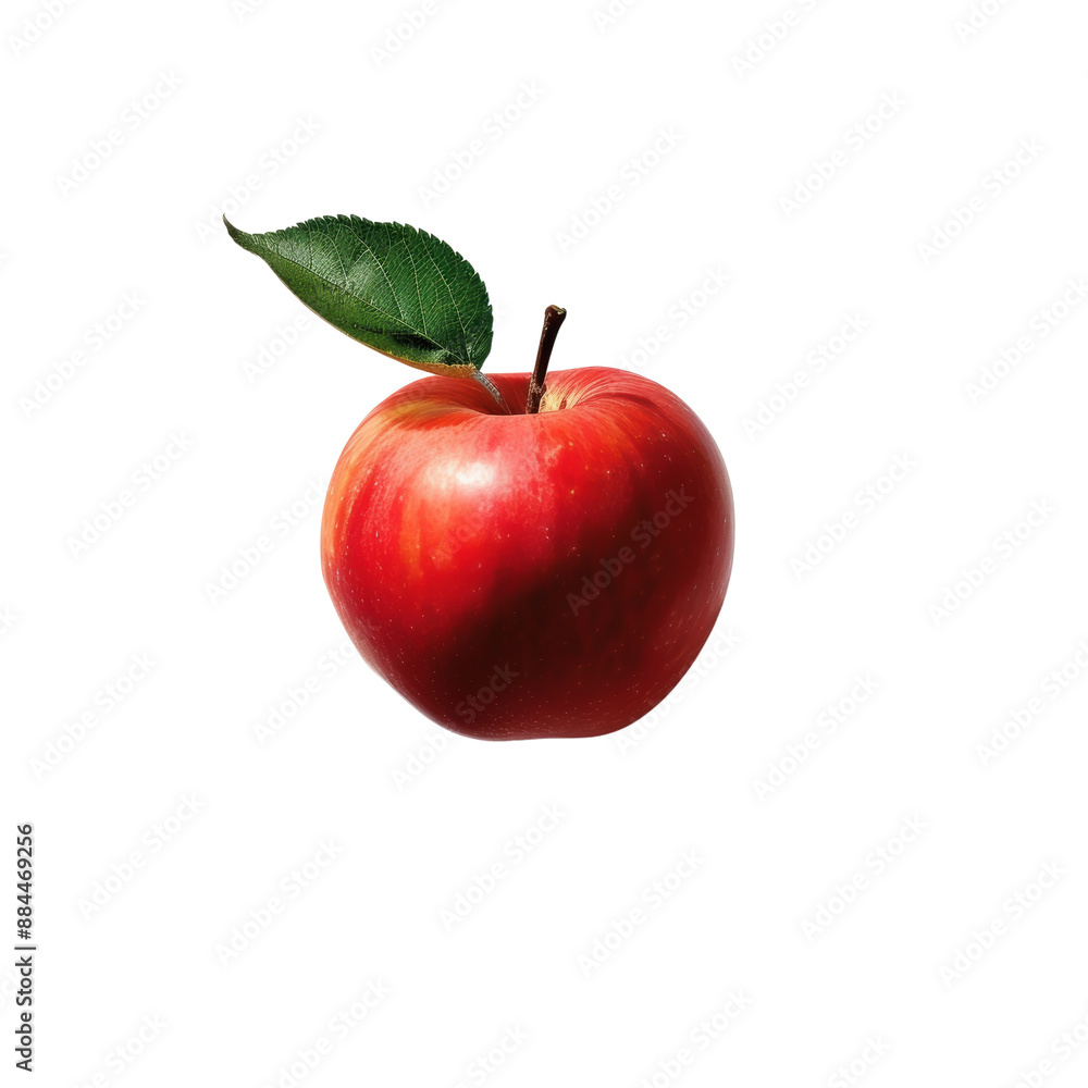 A vibrant red apple with a leaf attached to its stem, isolated on a transparent background A vibrant red apple with a leaf attached to its stem, isolated on a transparent background
