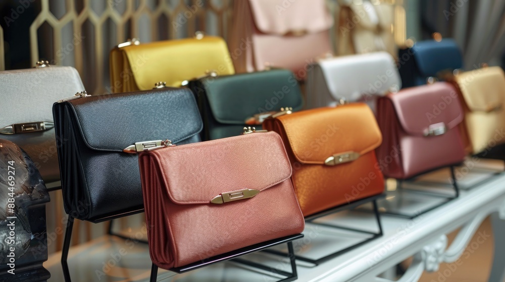 An assortment of elegant clutch purses in various colors and textures, arranged on a chic display stand. An assortment of elegant clutch purses in various colors and textures, arranged on a chic display stand.