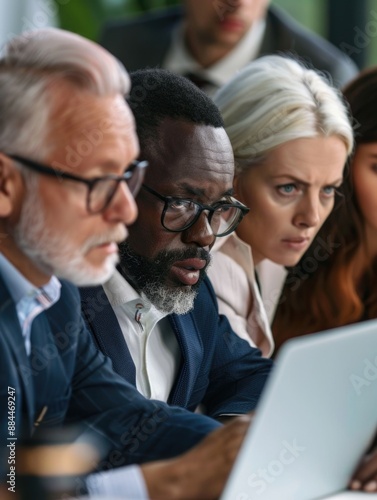 Group of people gathered around a table reviewing data on their laptops, useful for corporate or team meetings