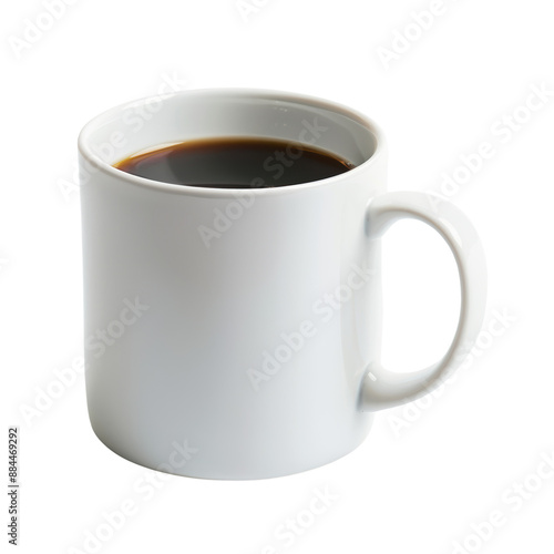 A plain white ceramic mug filled with black coffee