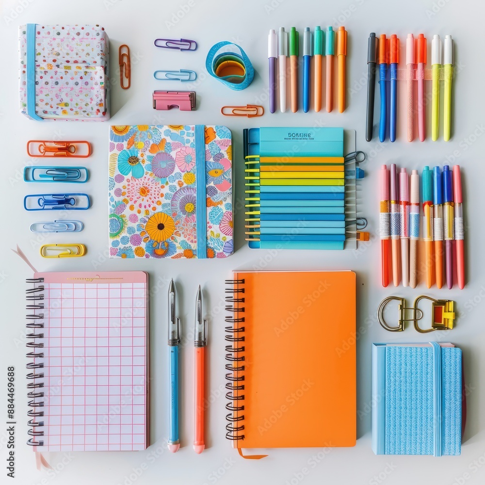 Variety of colorful stationery items, including notebooks, pens, and paper clips, arranged neatly on a white desk Job ID: a7745b63-ffe3-427a-9aa5-daceeba4e1a4 Variety of colorful stationery items, including notebooks, pens, and paper clips, arranged neatly on a white desk Job ID: a7745b63-ffe3-427a-9aa5-daceeba4e1a4