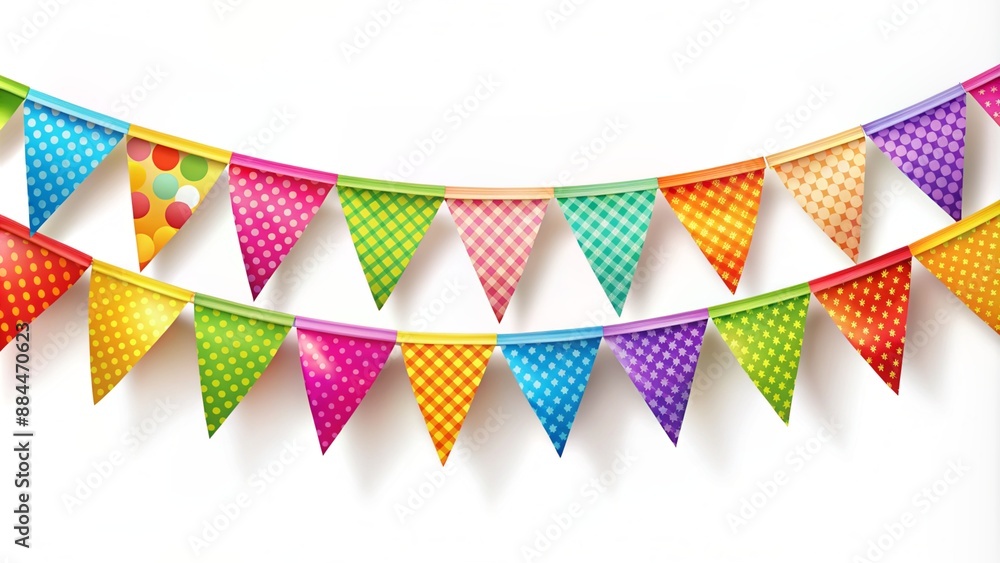 Fototapeta premium Colorful party flags and buntings hanging on white background