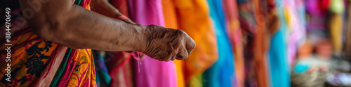 Elderly Woman Clad in Vibrant Traditional Attire Checking Fine Fabric in Bustling Market photo