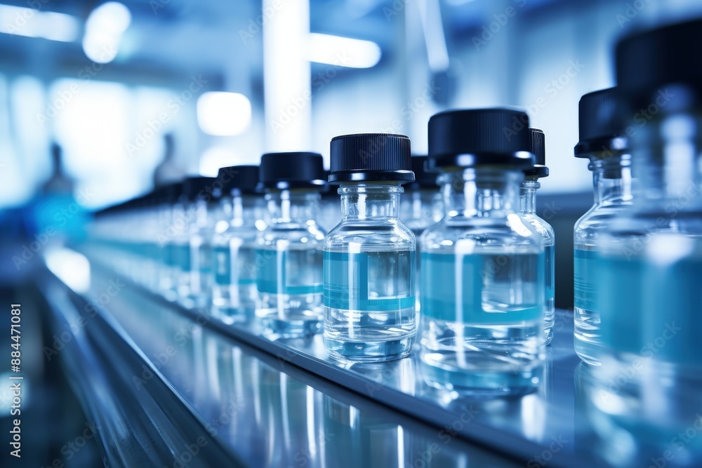 Medical vials on production line at pharmacy Medical vials on production line at pharmacy