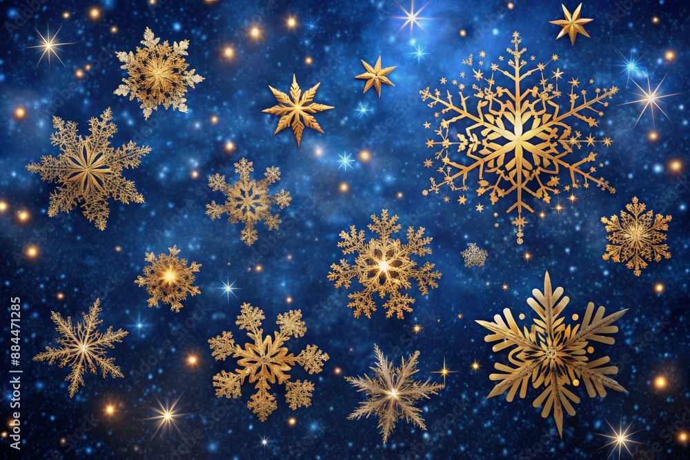 Velvety dark blue sky with golden Christmas snowflakes Velvety dark blue sky with golden Christmas snowflakes