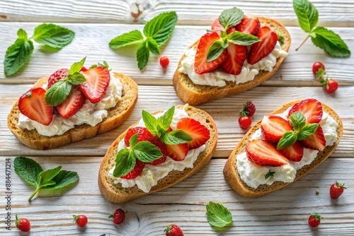 bread with strawberry ricotta and mint leaves
