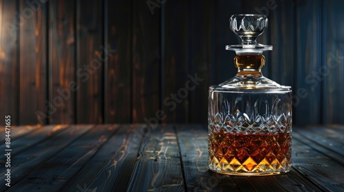 An elegant crystal decanter filled with a rich, amber liquid, placed on a dark wooden table.