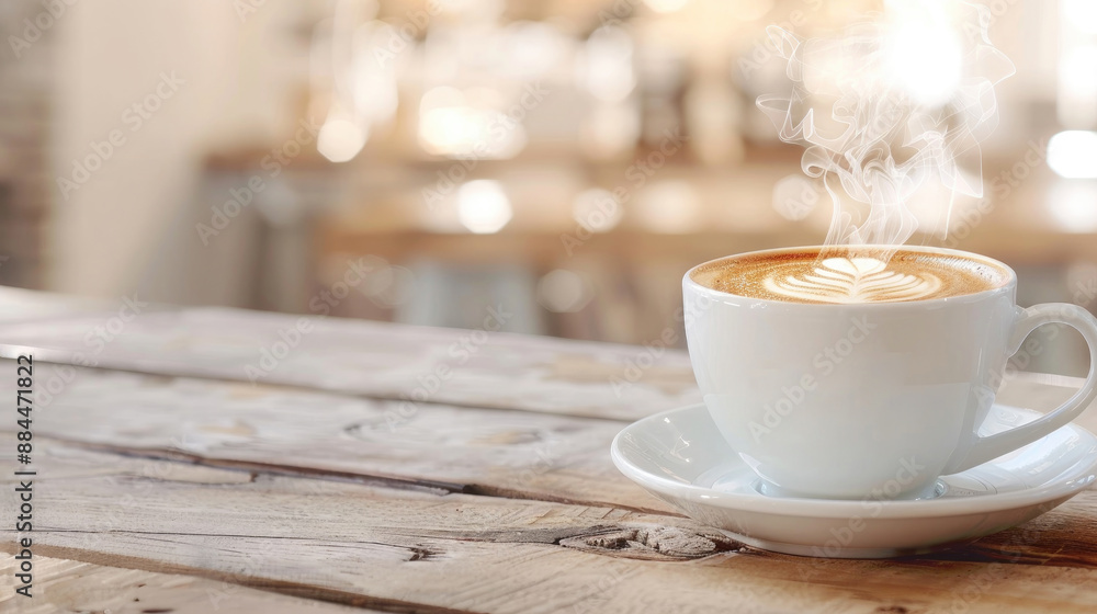 Steaming cup of cappuccino on wooden table, cozy coffee shop ambiance in background, perfect for morning energy boost. Steaming cup of cappuccino on wooden table, cozy coffee shop ambiance in background, perfect for morning energy boost.