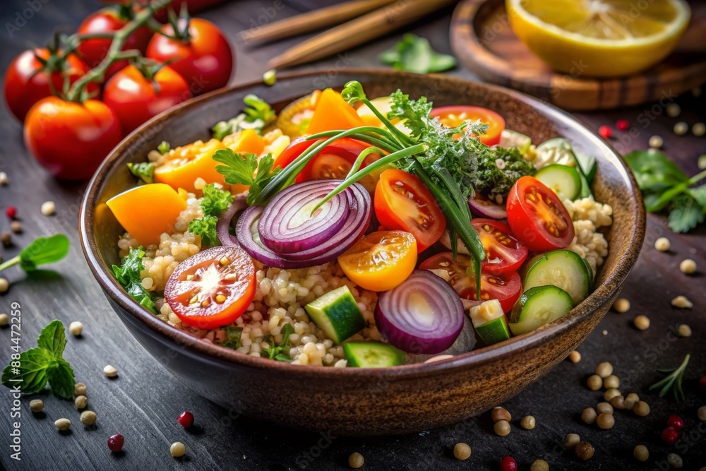 The vibrant color quinoa bowl with red onion, cucumbers, tomatoes and herbs The vibrant color quinoa bowl with red onion, cucumbers, tomatoes and herbs
