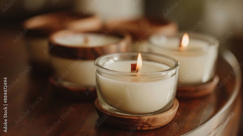 Artisan soy wax candles with wooden wicks in glass jars with wooden lids Artisan soy wax candles with wooden wicks in glass jars with wooden lids