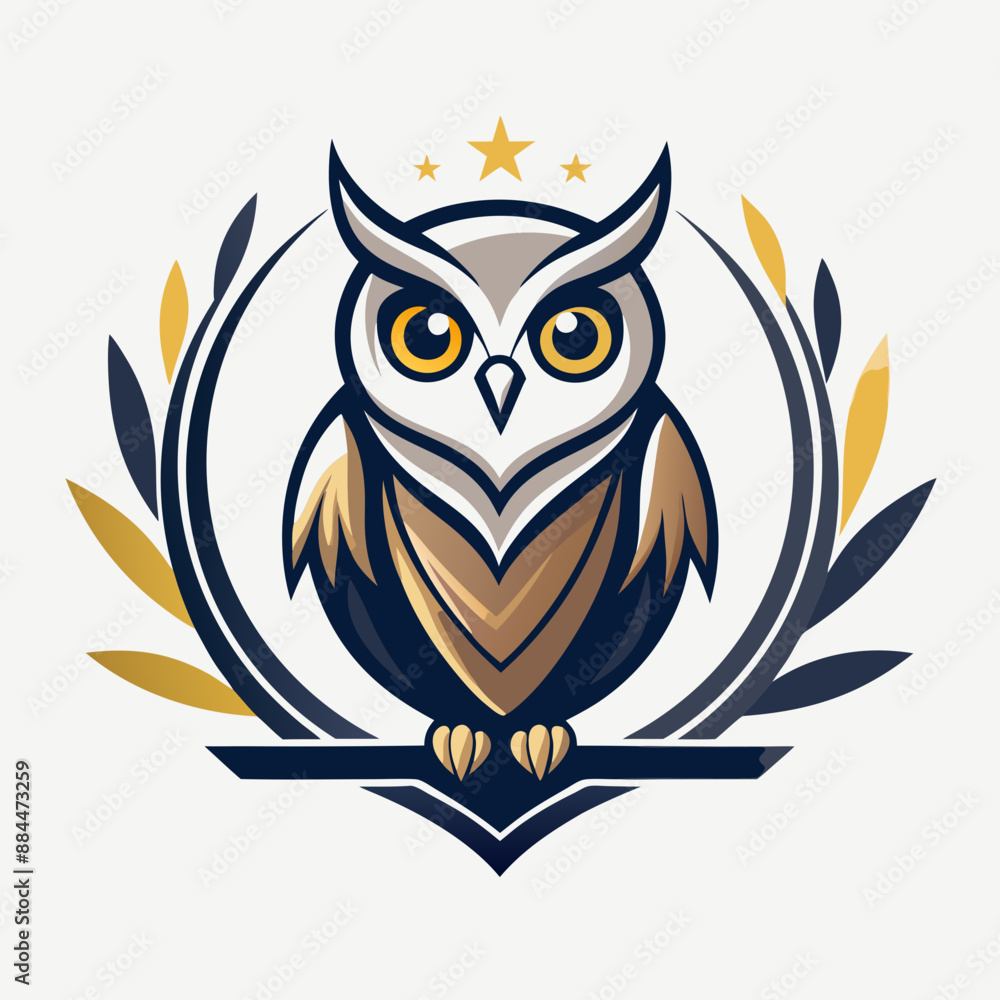 Black and white logo featuring a happy owl perched on a branch Black and white logo featuring a happy owl perched on a branch