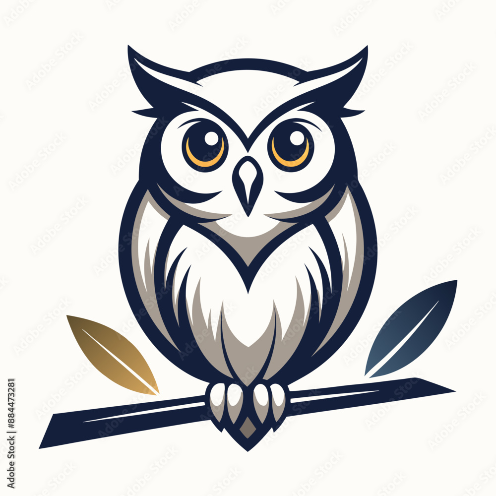 Fototapeta premium Black and white logo featuring a happy owl perched on a branch
