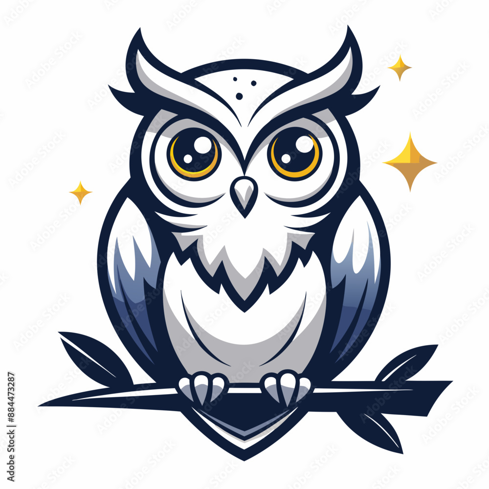 Black and white logo featuring a happy owl perched on a branch Black and white logo featuring a happy owl perched on a branch