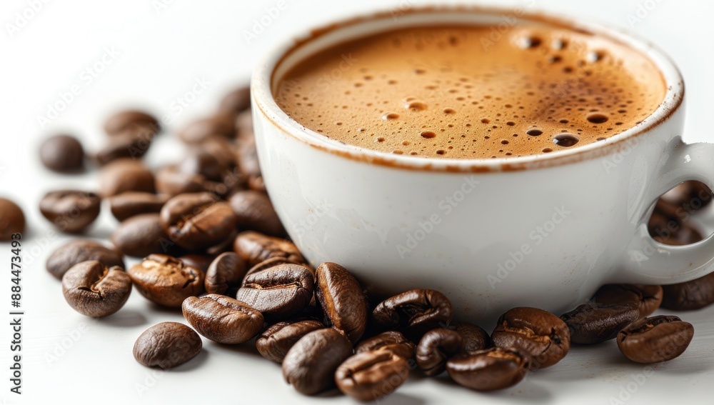 Close-Up of a Cup of Coffee with Coffee Beans Close-Up of a Cup of Coffee with Coffee Beans