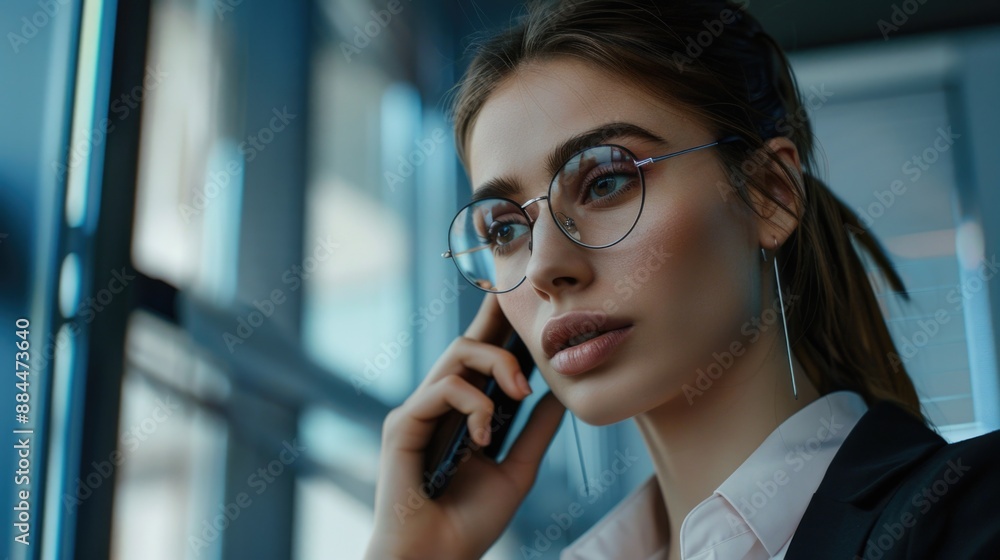 A woman wearing glasses holds a cell phone and talks on it, possibly in a public place A woman wearing glasses holds a cell phone and talks on it, possibly in a public place