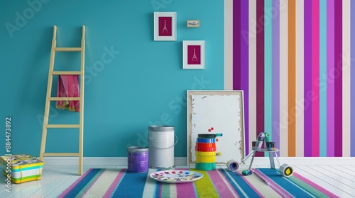 Colorful Room Interior with Painting Supplies