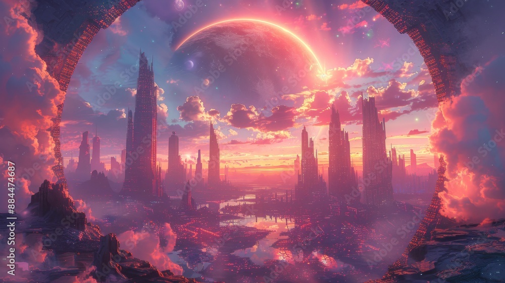 Fototapeta premium Futuristic sci-fi cityscape at sunset - generative ai
