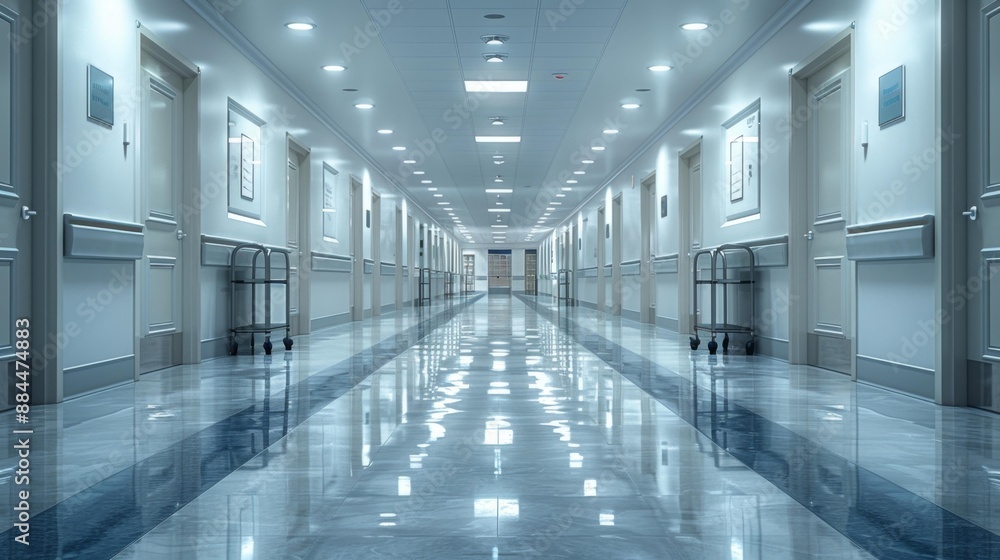 Empty hospital corridor with gleaming floors - generative ai Empty hospital corridor with gleaming floors - generative ai