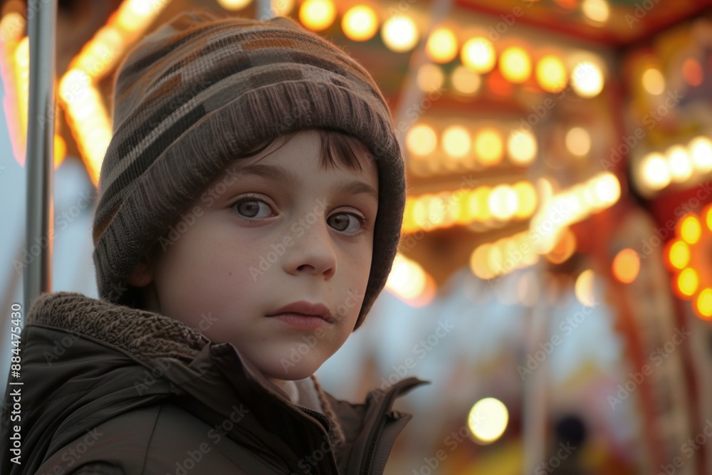 Closeup of a thoughtful boy with fairground lights blurred in the background Closeup of a thoughtful boy with fairground lights blurred in the background