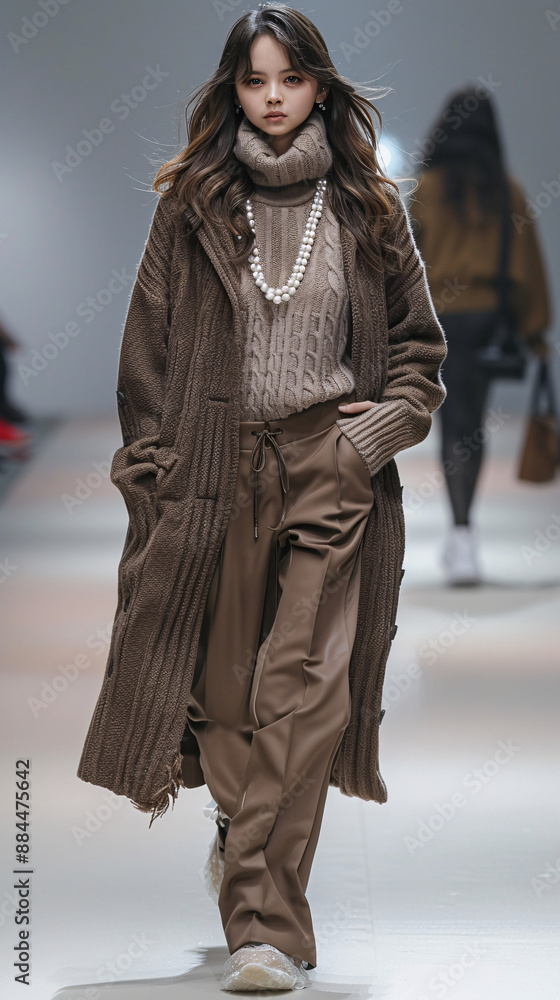 A stylish model walks the runway in a cozy, oversized brown knit coat and wide-legged trousers, adorned with a pearl necklace A stylish model walks the runway in a cozy, oversized brown knit coat and wide-legged trousers, adorned with a pearl necklace