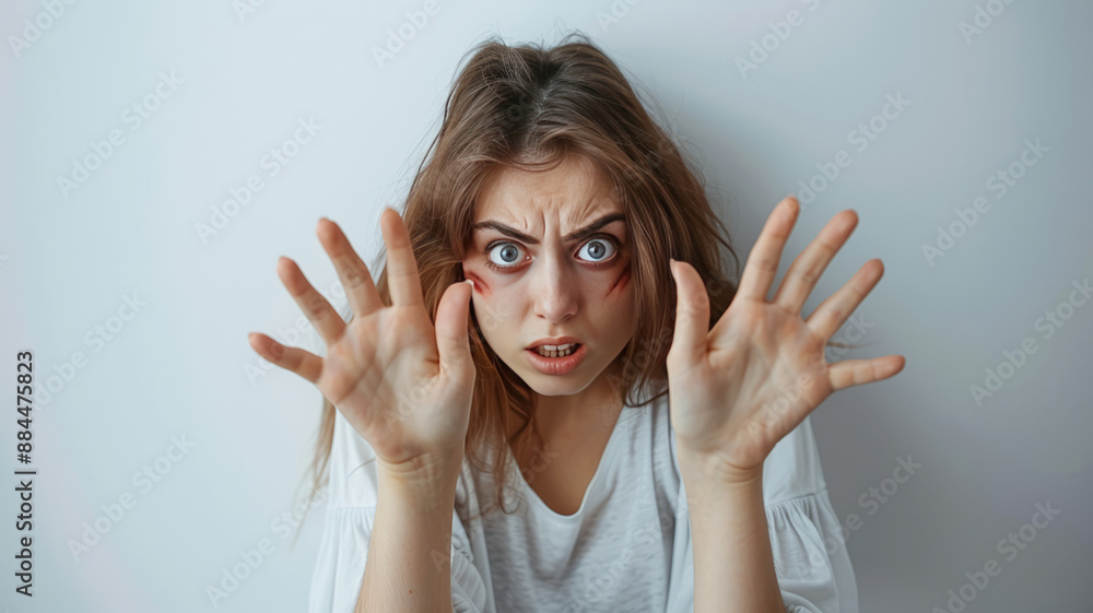 frightened adult woman with a bruise on her face under her eye raises her hands in defense against the background of a white wall,generative ai frightened adult woman with a bruise on her face under her eye raises her hands in defense against the background of a white wall,generative ai
