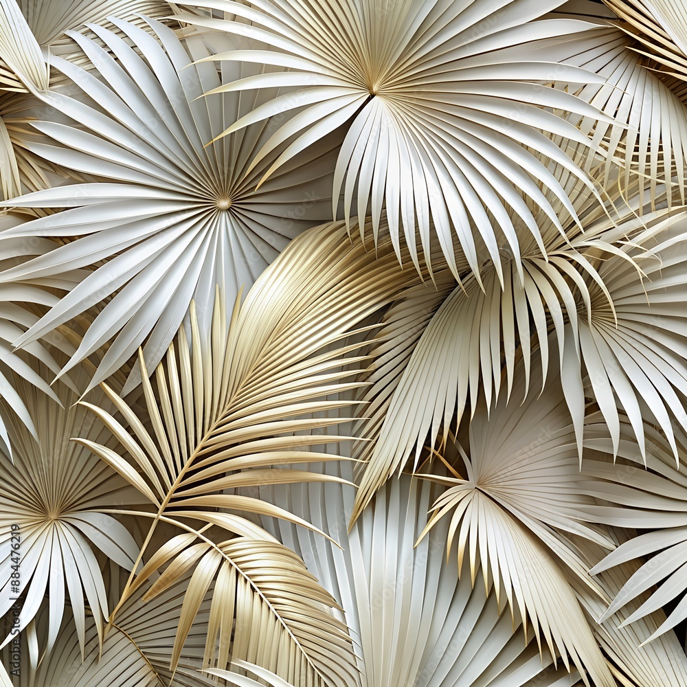 The large palm leaves are open, white, with a golden sheen, on top of each other. leaf background The large palm leaves are open, white, with a golden sheen, on top of each other. leaf background