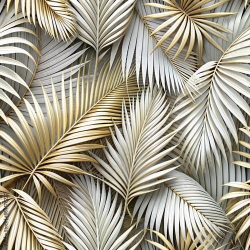 The large palm leaves are open, white, with a golden sheen, on top of each other. leaf background