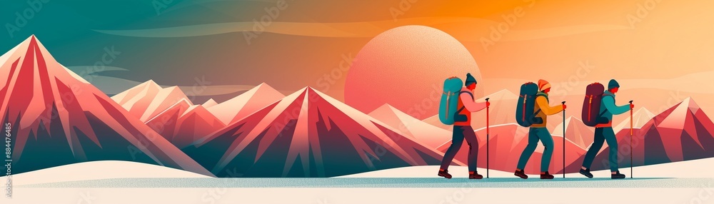 Adventurers trekking, physically demanding landscapes, flat design illustration Adventurers trekking, physically demanding landscapes, flat design illustration