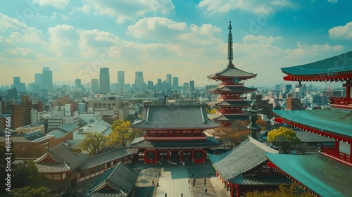 Wallpaper Mural Vibrant Tokyo cityscape featuring the historic Senso-ji Temple juxtaposed against modern high-rise buildings, showcasing the blend of tradition and contemporary life in Japan. Torontodigital.ca