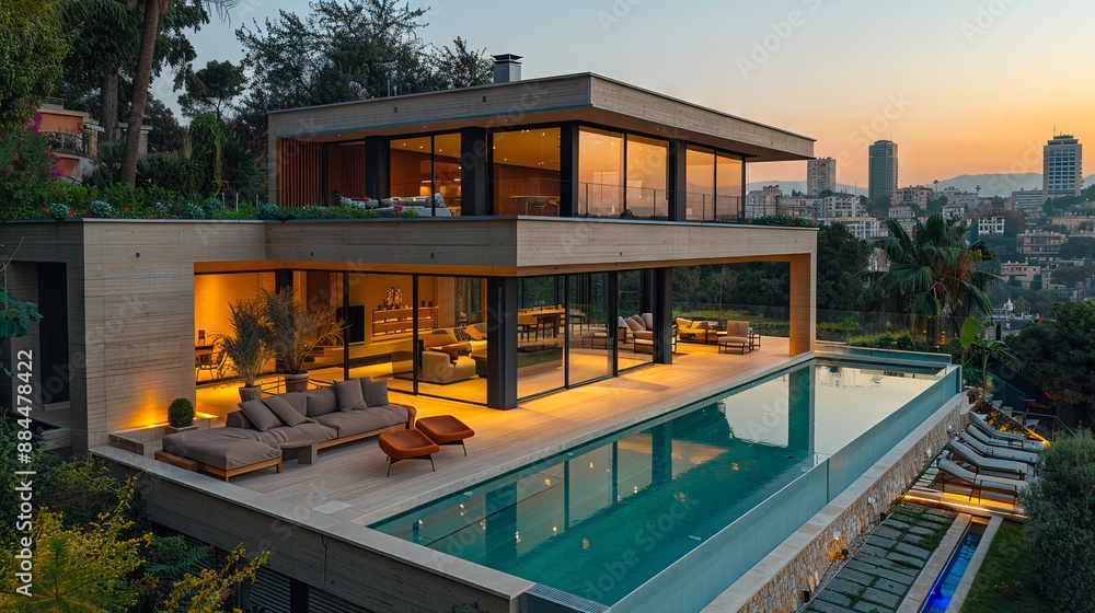 Fototapeta premium A modern house with a pool and a view of the city.