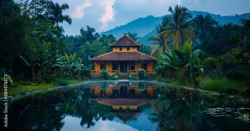 A small pagoda is reflected in a pool.