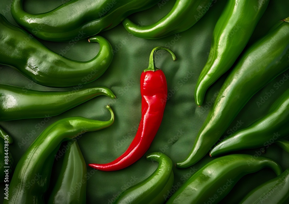 A red chili pepper is surrounded by green peppers. A red chili pepper is surrounded by green peppers.