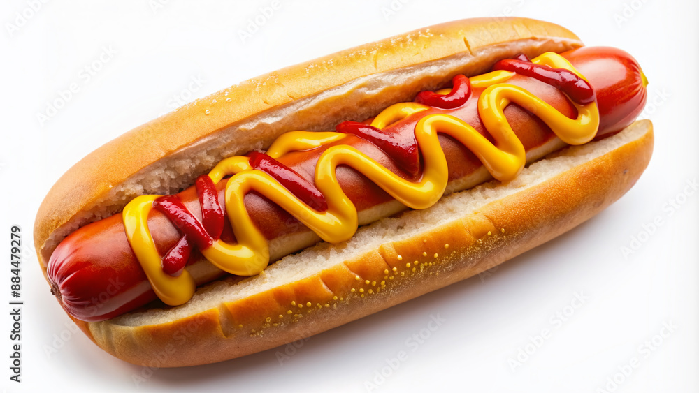 Close-up top view of a juicy hot dog slathered with vibrant ketchup and yellow mustard, sitting isolated on a clean white transparent background. Close-up top view of a juicy hot dog slathered with vibrant ketchup and yellow mustard, sitting isolated on a clean white transparent background.