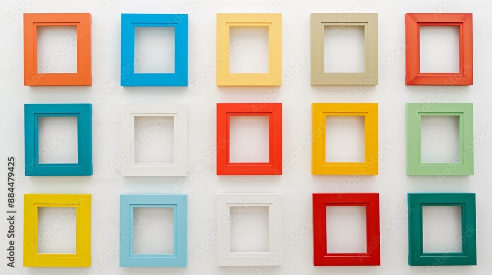 Empty picture frames in solid colors arranged symmetrically on a white wall Empty picture frames in solid colors arranged symmetrically on a white wall