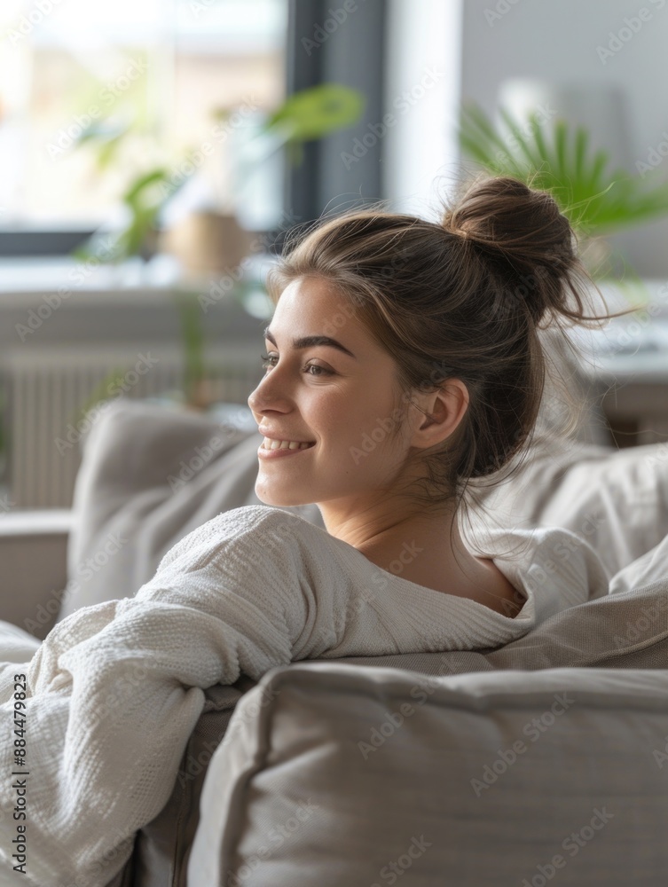 A woman sits on the edge of a couch, looking out the window A woman sits on the edge of a couch, looking out the window